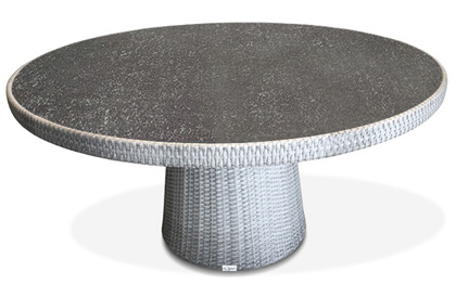 Delia Stone Grey 60 inch round outdoor patio dining table with ceramic looking tempered glass top
