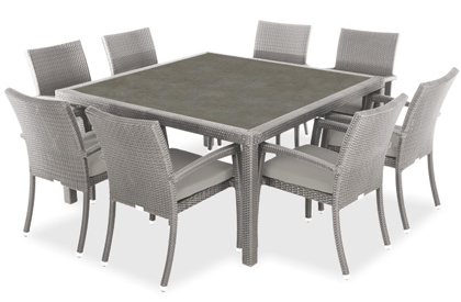Table à dîner patio carrée Nico Stone 8 places avec surface en verre trempé aspect céramique