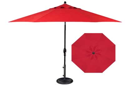 Quality red patio umbrella in 9 foot octagonal format made by  Treasure Garden for outdoor furniture dining table set